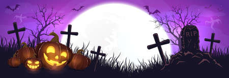Halloween pumpkins on cemetery. Purple night background. Banner with Jack O 'Lanterns, ghosts, bats and spiders. Illustration can be used for children's holiday design, cards, invitations and banners.のイラスト素材
