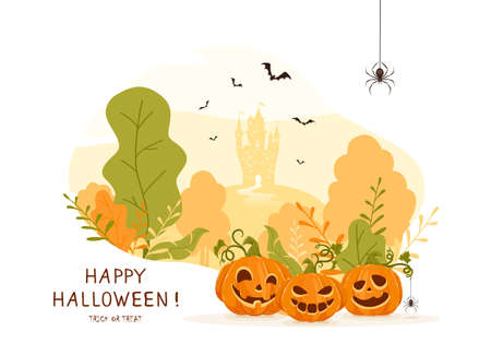 Halloween design. Pumpkins on orange background with castle. Holiday card with Jack O Lanterns, bats and spiders. Illustration in cartoon style can be used for holiday cards, bannersのイラスト素材