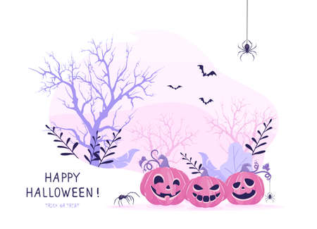 Smiling pumpkins on pink Halloween background. Card with Jack O 'Lanterns, scary trees, bats and spiders. Illustration can be used for children's holiday design, cards, invitations and bannersのイラスト素材