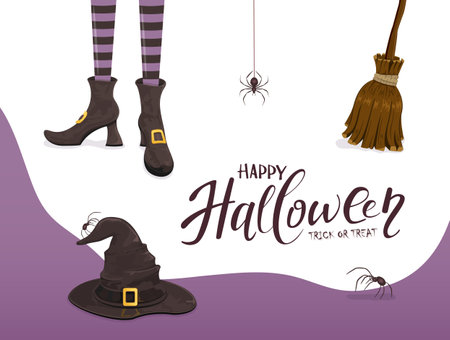 Background with lettering Happy Halloween and Trick or Treat. Black spiders and witches legs in shoes with hat and broom on white and purple background. Illustration for holiday design and cardsのイラスト素材