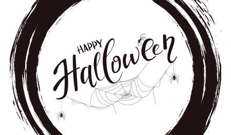 Lettering Happy Halloween isolated on white background with black grunge elements. Card with black spiders and cobwebs. Illustration for children's holiday design, decorations, cards, bannerのイラスト素材
