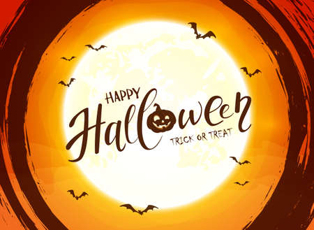 Lettering Happy Halloween on orange background with big Moon and grunge elements. Card with black spiders, cobwebs and flying bats. Illustration for children's holiday design, decoration, card, bannerのイラスト素材
