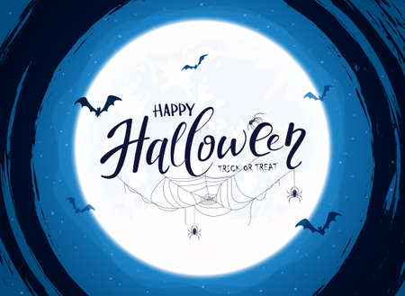 Lettering Happy Halloween on blue background with big Moon and grunge elements. Card with black spiders, cobwebs and flying bats. Illustration for children's holiday design, decorations, cards, bannerのイラスト素材