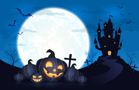 Pumpkins in witch's hat on blue Moon background with dark scary castle. Holiday card with Jack O Lanterns, bats and spiders. Illustration in cartoon style can be used for holiday cards, bannersのイラスト素材