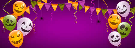 Banner with orange, white and green balloons with scary smiles, pennants and spiders on purple background. Illustration can be used for children's holiday design, decorations, cards, bannersのイラスト素材