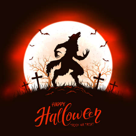 Moon oh red and black background with lettering Happy Halloween and scary werewolf in cemetery. Illustration with monster silhouette can be used for holiday Halloween design, decorations, card, bannerのイラスト素材