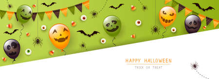 Black spiders, bats, eyes and Halloween balloons with scary smiles on green and white background. Happy Halloween banner. Illustration for children's holiday design, decoration, card, banner, templateのイラスト素材