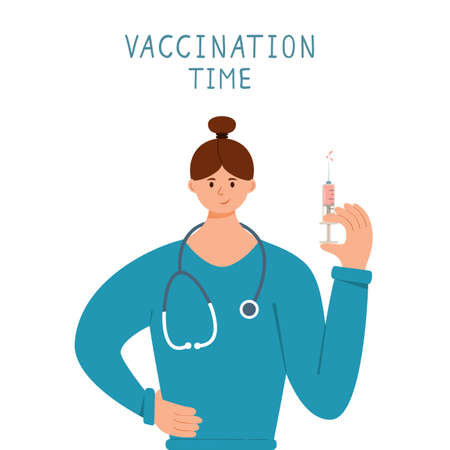 Vaccination time concept. Woman nurse or doctor with syringe is vaccinating. COVID-19 pandemic. A female medical healthcare professional. Illustration for medical theme, design, banners.のイラスト素材