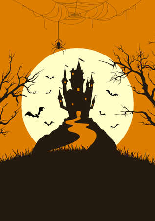 Silhouette scary castle on orange background with Moon. Holiday card with bats and spiders. Illustration for holiday cards, invitations, banners, templatesのイラスト素材