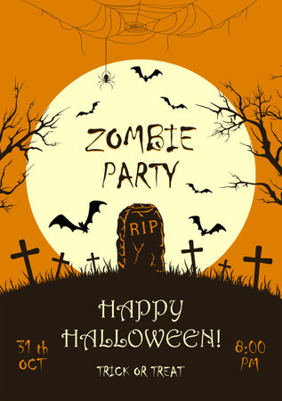 Lettering Zombie Party on orange Halloween background with silhouette of gravestone and big Moon. Bats on cemetery. Illustration for children's holiday design, cards, invitations, banners, templatesのイラスト素材