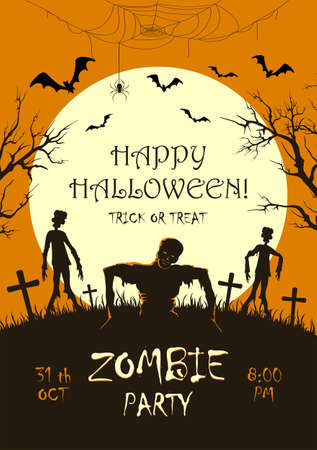 Scary monster with pumpkins and zombies on cemetery. Zombie Party on orange Halloween background with Moon. Illustration can be used for children's holiday design, cards, invitations, banner, templateのイラスト素材