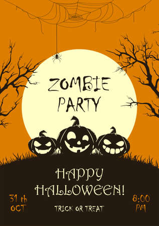 Lettering Zombie Party on orange Halloween background with silhouette of happy pumpkins and big Moon. Illustration for children's holiday design, cards, invitations, banners, templatesのイラスト素材