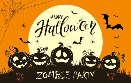 Banner with lettering Zombie Party on orange Halloween background with silhouette of happy pumpkins and big Moon. Illustration for children's holiday design, cards, invitations, banners, templatesのイラスト素材