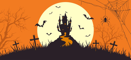 Halloween banner with silhouette of scary castle on orange background with full Moon. Holiday card with bats and spiders. Illustration for holiday cards, invitations, banners, Halloween templatesのイラスト素材