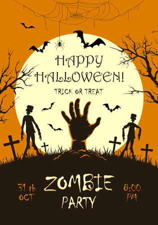 Scary monster hand with zombies on cemetery. Zombie Party on orange Halloween background with Moon. Illustration can be used for children's holiday design, cards, invitations, banner, templateのイラスト素材