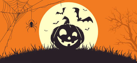Orange Halloween banner with silhouette of happy pumpkin and big Moon. Halloween background with Jack 'o Lantern. Illustration for children's holiday design, cards, invitations, banners, templatesのイラスト素材