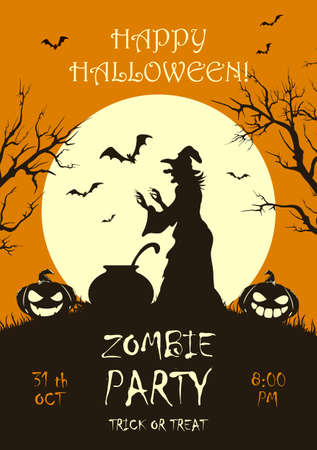 Scary Witch with pumpkins is preparing potion in pot. Zombie Party on orange Halloween background with Moon. Illustration for children's holiday design, cards, invitations, banners, template for partyのイラスト素材