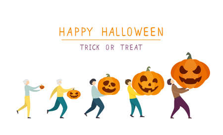 People carry pumpkins for the holiday. Elements for Halloween party with happy people. Illustration in flat cartoon style for children's holiday design, cards, invitations, banners, Halloween templateのイラスト素材