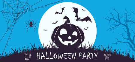 Blue Halloween banner with silhouette of happy pumpkin and big Moon. Halloween background with Jack 'o Lantern. Illustration for children's holiday design, cards, invitations, banners, templatesのイラスト素材