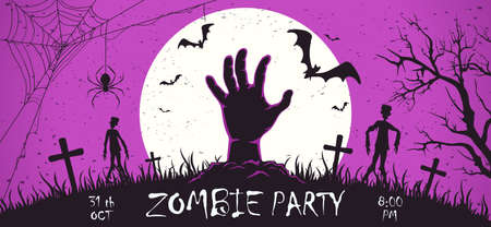 Scary monster hand with zombies on cemetery. Zombie Party on purple Halloween banner with Moon. Illustration can be used for children's holiday design, cards, invitations, banner, templateのイラスト素材