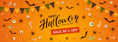 Happy Halloween banner. Discount coupon. Black spiders, bats, eyes, candies and Halloween Sale on orange background. Illustration for children's holiday design, decoration, cards, banners, template.のイラスト素材
