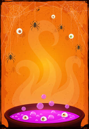 Halloween Party banner. Scary eyes and spiders on web on orange background. Purple potion in cauldron with eyes and bubbles. Illustration for cards, children's holiday design, invitations, bannersのイラスト素材