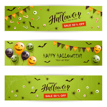 Set of green Halloween banners. Black spiders, bats and balloons with scary smiles and text Happy Halloween and Sale. Illustration for children's holiday design, decoration, cards, banners, template.のイラスト素材