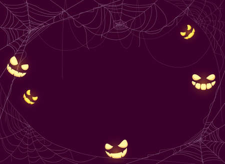 Halloween purple background with scary smiles and spider webs. Card with holiday Halloween border from cobwebs. Illustration can be used for children's holiday design, decorations, cards, bannersのイラスト素材