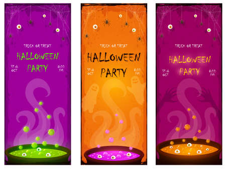 Set of Halloween Party banners. Scary eyes and spiders on web. Orange, green and purple potion in cauldrons with eyes and bubbles. Illustration for cards, children's holiday design, invitation, bannerのイラスト素材