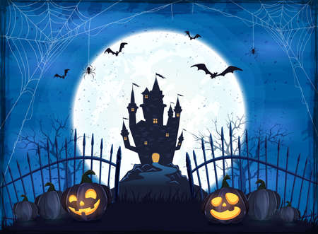 Pumpkins near the fence on blue Moon background with dark scary Castle. Holiday card with Jack O Lanterns, bats and spiders. Illustration in cartoon style can be used for holiday cards, bannersのイラスト素材