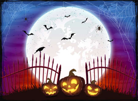 Set of Pumpkins near the fence on purple and red Moon background. Holiday card with Jack O Lanterns, bats and spiders. Illustration in cartoon style for holiday design, decoration, cards, bannerのイラスト素材
