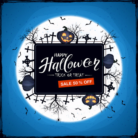 Black Halloween banner with lettering Sale and happy pumpkins with spiders and trees. Halloween background with Jack 'o Lantern. Illustration for children's holiday design, cards, invitations, bannersのイラスト素材