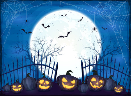 Set of Pumpkins near the fence on blue Moon background. Holiday card with Jack O Lanterns, bats and spiders. Illustration in cartoon style can be used for holiday design, decoration, cards, bannerのイラスト素材