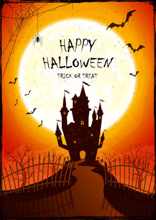 Scary Castle with fence on orange Moon background. Holiday card with bats and spiders. Illustration in cartoon style can be used for children's holiday design, decoration, cards, banners, templatesのイラスト素材