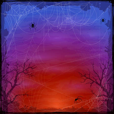 Halloween purple background with spider webs. Holiday Halloween card with grunge border and cobwebs. Illustration can be used for children's holiday design, decorations, cards, banners, templatesのイラスト素材