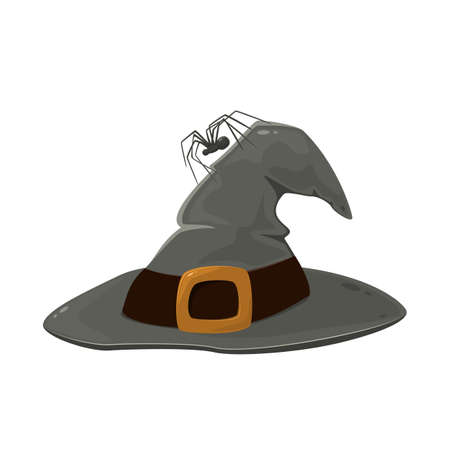 Spider climbed on the black witch's hat with golden buckle isolated on white background. Illustration in cartoon style for children's holiday design, decoration, cards, banners, Halloween templatesのイラスト素材