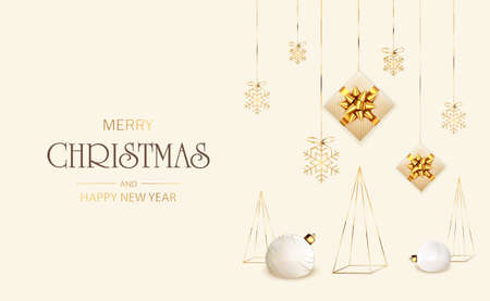 Golden Christmas tree with balls, snowflakes and gift boxes on beige holiday background. Illustration with text Merry Christmas for holiday design, cards, invitations, postcards, templates and bannersのイラスト素材