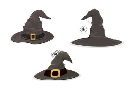 Set of black witch's hats with golden buckle and spiders isolated on white background. Illustration in cartoon style for children's holiday design, decoration, cards, banners, Halloween templatesのイラスト素材