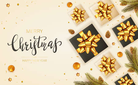 Christmas balls, black and beige holiday gifts with golden bow, fir tree branches, pine cones and shiny stars on beige background. Illustration for Christmas design, posters, cards, websites, banners.のイラスト素材