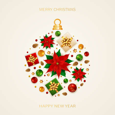 Christmas Ball from holiday decorations. Christmas lettering, poinsettia, balls, pine cones, beads, gifts with golden bow and stars on white background. Illustration for Christmas design, poster, cardのイラスト素材