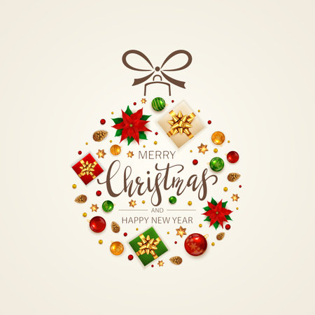 Christmas Ball from holiday decorations. Lettering Merry Christmas with poinsettia, balls, pine cones, beads, gifts with golden bow and stars. Illustration for Christmas design, posters, cards, bannerのイラスト素材