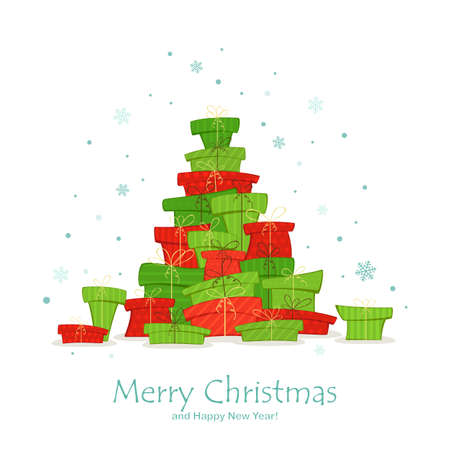 Set of gifts in the form of a Christmas tree on white background with snowflakes and text Merry Christmas and Happy New Year. Illustration can be used for holiday design, cards, invitations and bannerのイラスト素材