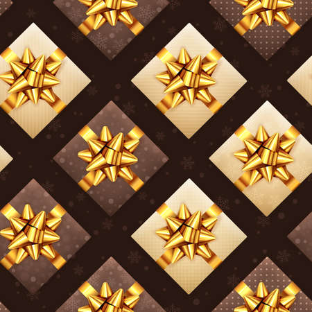 Seamless Christmas background with black and beige gifts with golden bows. Pattern for Christmas, birthday, Valentines day or holiday design on black background. Illustration for packaging paperのイラスト素材