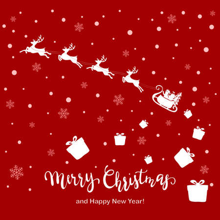 Santa and reindeers flies on a red snowy background and loses gift boxes. Lettering Merry Christmas and Happy New Year. Illustration for holiday design, cards, invitations, posters, postcards, bannersのイラスト素材
