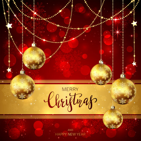 Golden Christmas balls and shiny stars on red background. Illustration with lettering Merry Christmas and Happy New Year for holiday design, cards, invitations, posters, postcards and banners.のイラスト素材