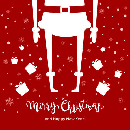 Legs of Santa Claus and Christmas gift boxes on red winter background. Text Merry Christmas and Happy New Year. Illustration can be used for holiday design, cards, invitations, posters and banners.のイラスト素材