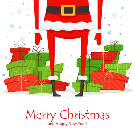Legs of Santa Claus and Christmas gift boxes isolated on white winter background. Text Merry Christmas and Happy New Year. Illustration can be used for holiday design, cards, posters and banners.のイラスト素材