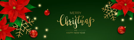 Decorations with poinsettia, snowflakes and Christmas lights. Red holiday flower and golden lettering on green banner. Illustration is for holiday design, cards, invitations, postcards, banners.のイラスト素材