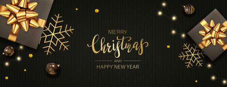 Banner with Christmas lights, balls, gifts, snowflakes and beads on black knitted background. Illustration is for Christmas design, posters, holiday cards, websites, headers, postcards and banners.のイラスト素材