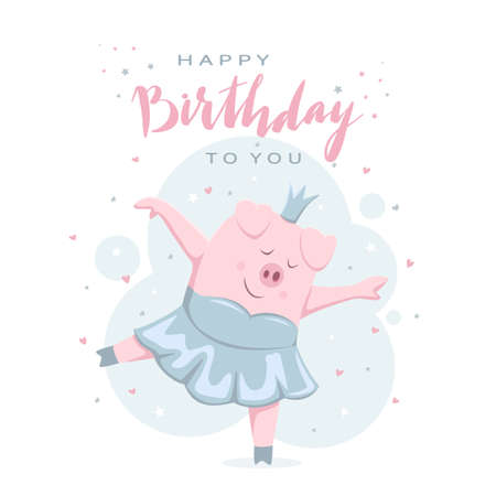 Lettering Happy Birthday on white background with little pigs. birthday image. Happy piggy princess in a tutu. Cartoon illustration can be used for holiday card, children's clothing design and banners.のイラスト素材